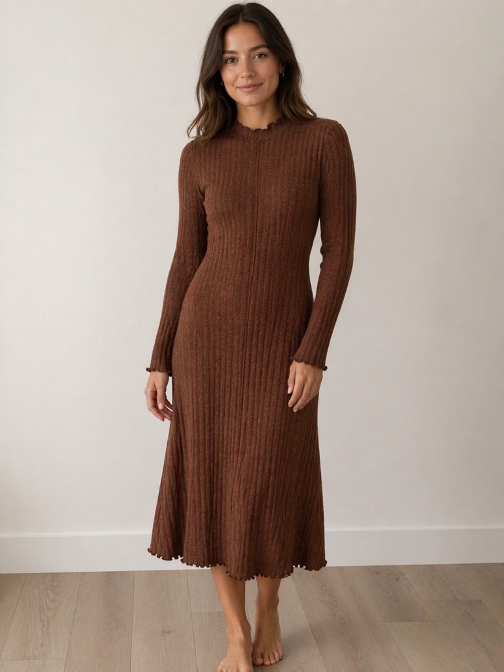 MNG Chocolate Brown Ribbed Long-Sleeve Maxi Dress Size 6